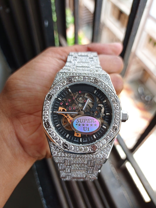 Mechanical Skeleton Iced Out Watch Gold Plated Watch Iced Out Men's Watch Luxury Iced Out Bling Watch