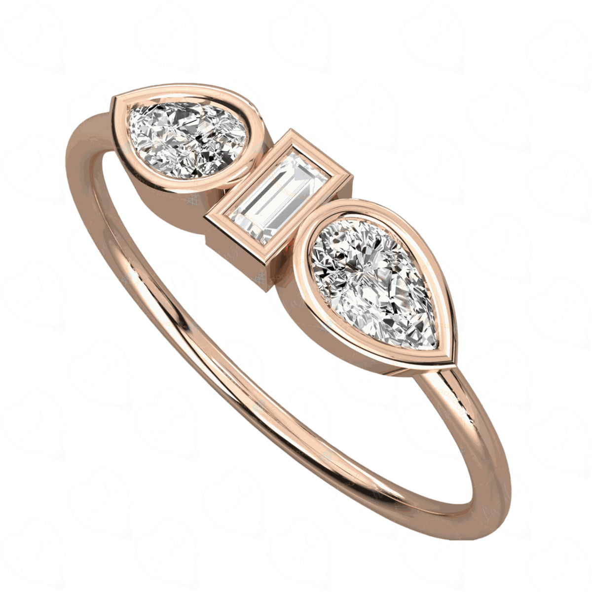 Top View 0.30 CT Baguette Cut 3 Stone Lab Grown Diamond Ring, Rose Gold Diamond Ring, 0.30 bagguet Cut Diamond Ring, Lab Grown Diamond, Luxury Diamond