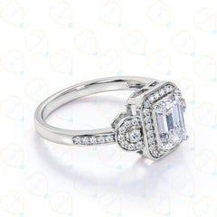 1.00 TCW Emerald Cut Halo Lab Grown Diamond Ring for Women