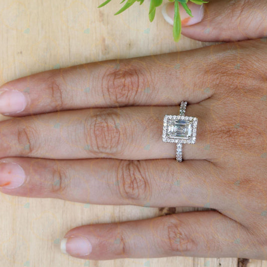 1.00 CTW Emerald Cut Halo Lab Grown Diamond Ring for Women