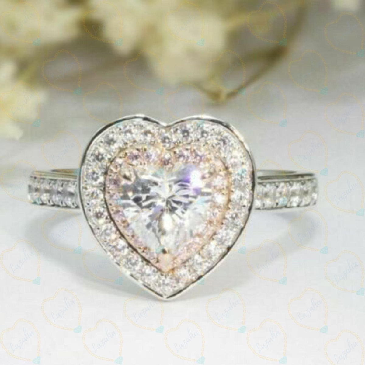 1.00 TCW Heart Cut Double Halo Lab Grown Diamond Ring for Women