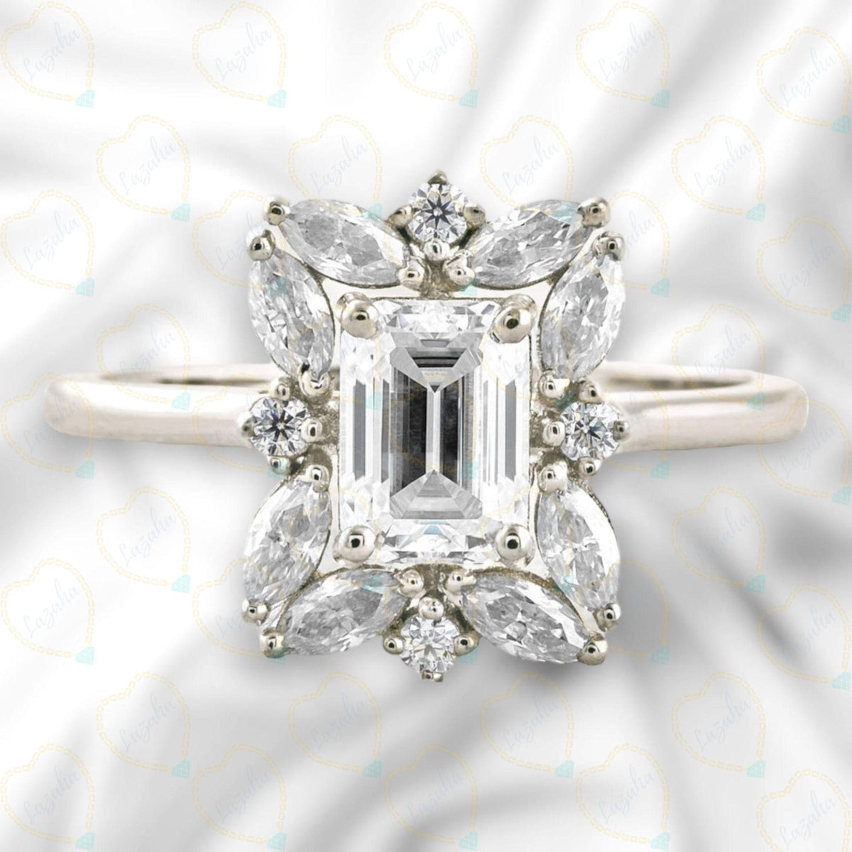 0.50 TCW Emerald Cut Halo Lab Grown Diamond Ring for Women