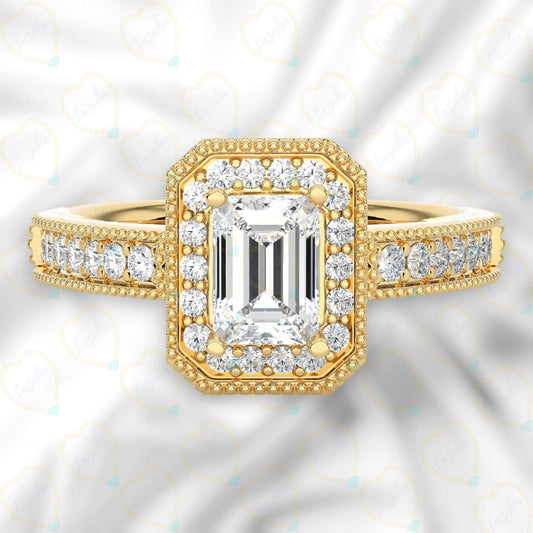 1.00 TCW Emerald Cut Halo Lab Grown Diamond Ring for Women