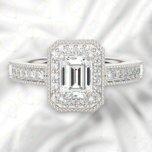 1.00 TCW Emerald Cut Halo Lab Grown Diamond Ring for Women