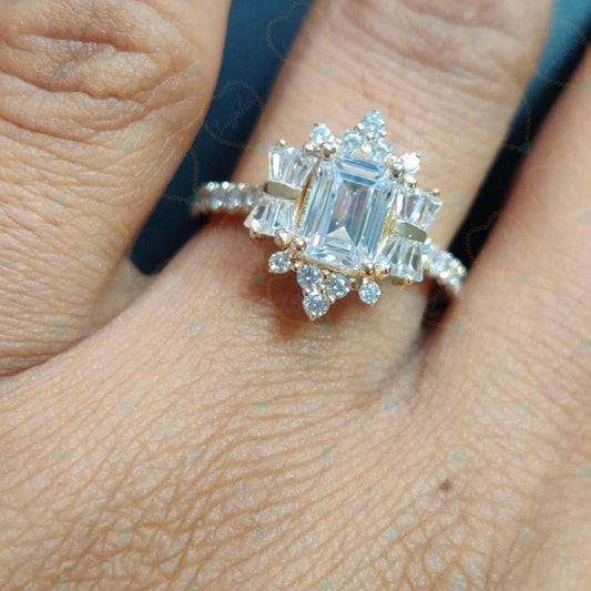 1.00 TCW Emerald Cut Unique Lab Grown Diamond Ring for Women