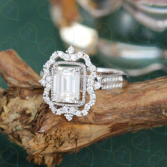 1.00 TCW Emerald Cut Halo Lab Grown Diamond Ring for Women