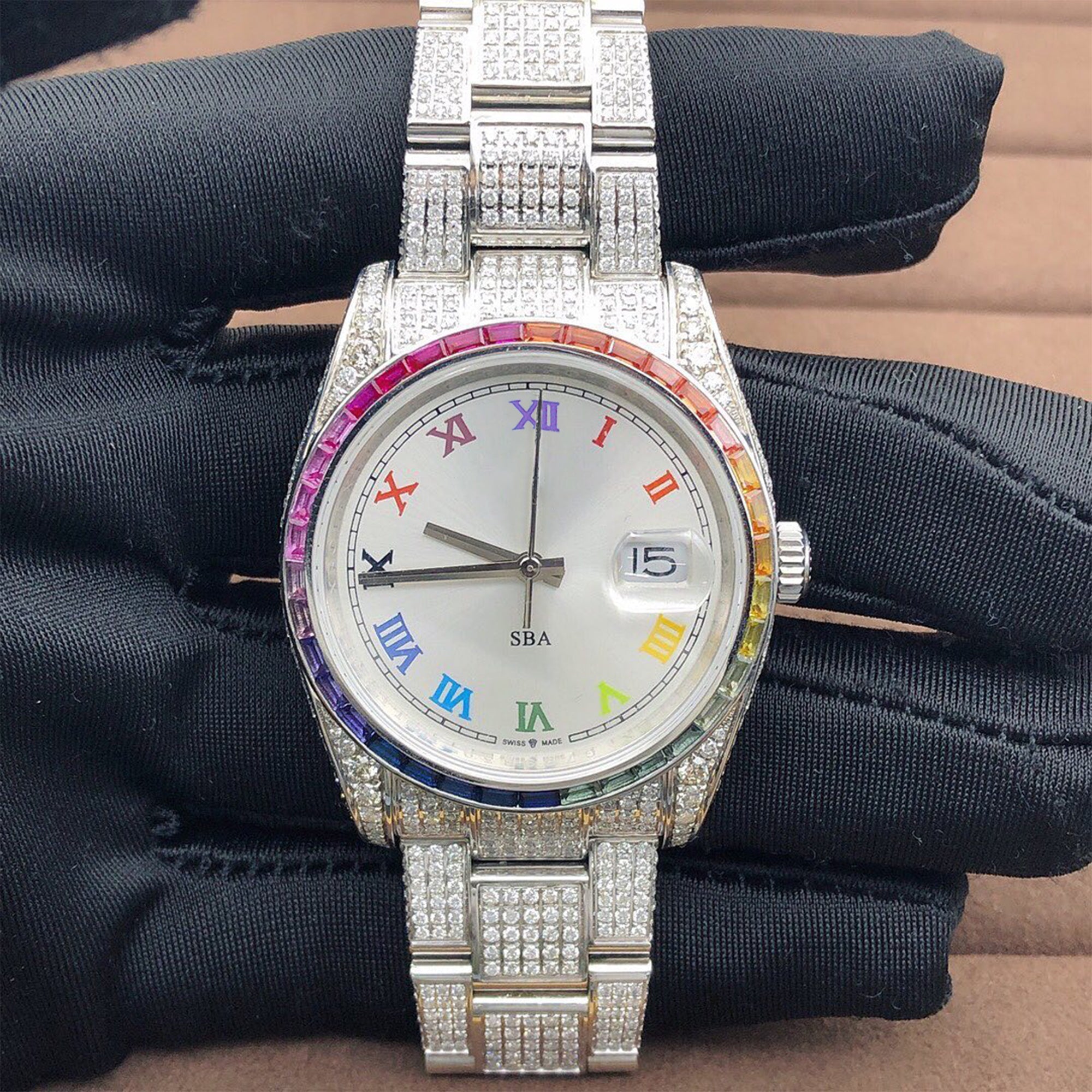 Rolex Watch rainbow dial iced out moissanite watch for mens