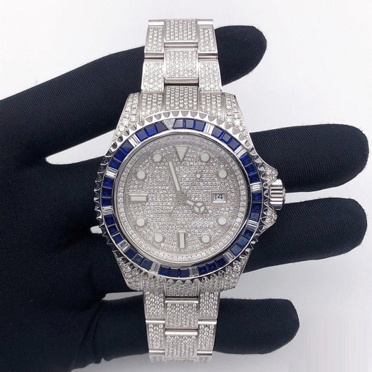 Rolex Watch fully iced out moissanite watch for anniversary gift blue sapphire bezel watch mens wrist watch