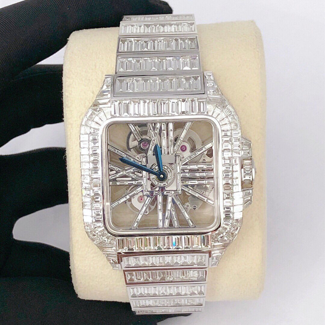 Cartier Watch mens vvs moissanite diamond watch skeleton watch with baguette diamond bust down watch gift for him