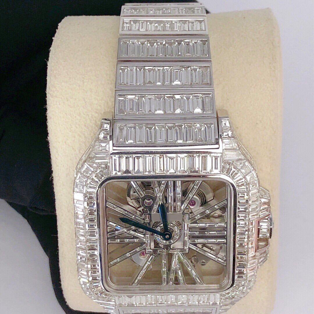 Cartier Watch mens vvs moissanite diamond watch skeleton watch with baguette diamond bust down watch gift for him