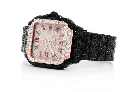 Cartier Watch fully iced out automatic roman dial watch mens black white moissanite diamond watch