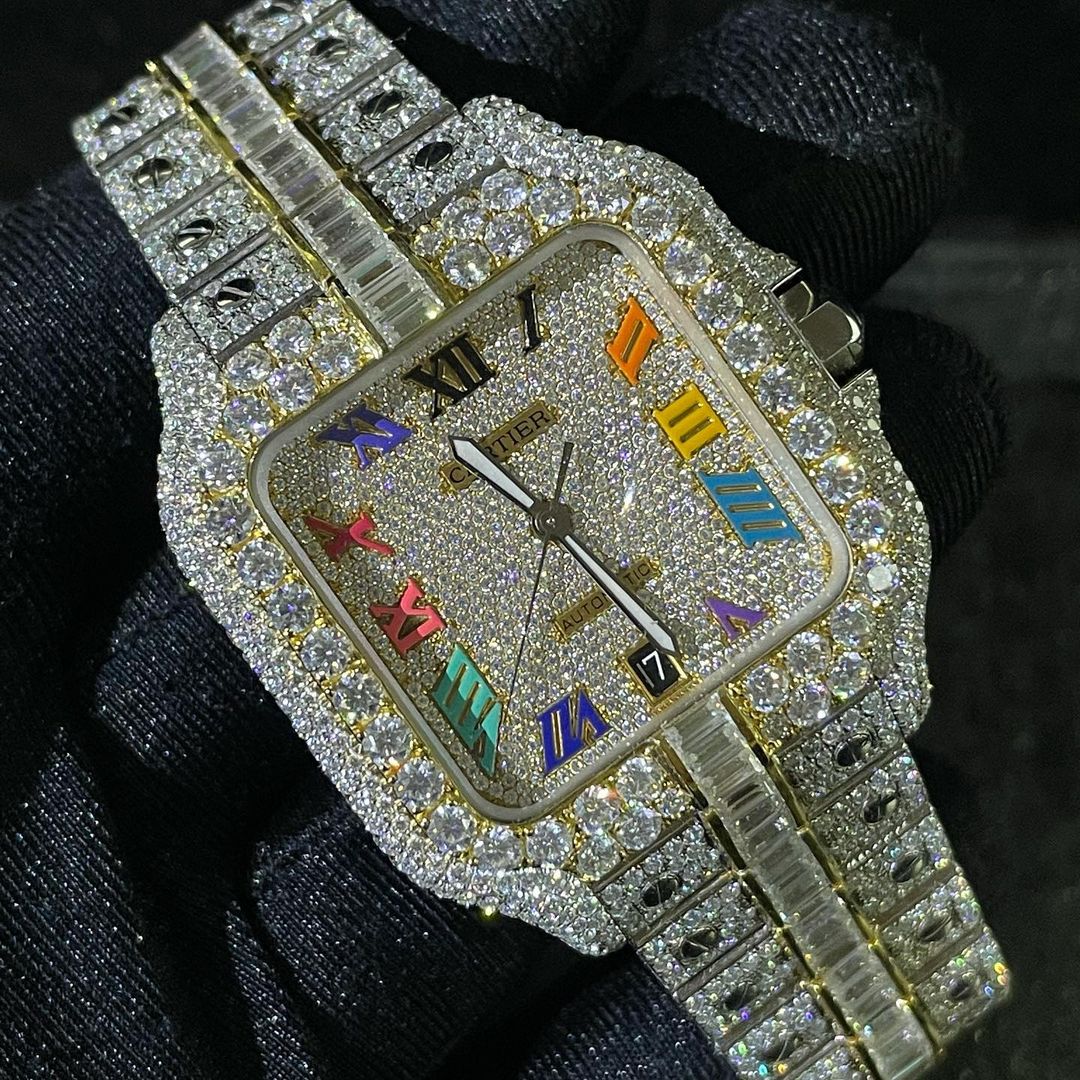 Cartier Watch luxury custom moissanite men watch iced out moissanite bust down watch rainbow roman dial watch