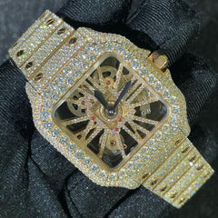 Cartier Watch yellow gold iced out skeleton moissanite watch iced strap stainless steel watch