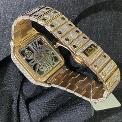 Cartier Watch yellow gold iced out skeleton moissanite watch iced strap stainless steel watch