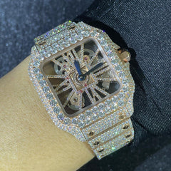 Cartier Watch yellow gold iced out skeleton moissanite watch iced strap stainless steel watch