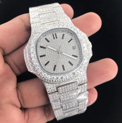 Stainless Steel Fully Iced Automatic Movement White Hip Hop Mens Watch AAA CZ Diamonds Custom Luxury Handset Free Gift Box