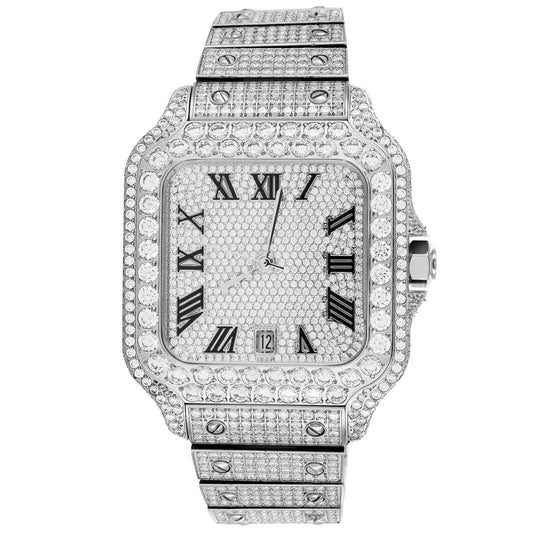 Stainless Steel Bezel White Tone Iced Out Moissanite Mens Watch