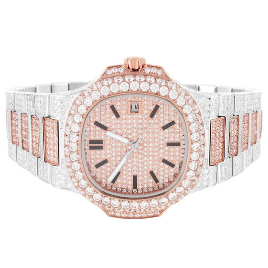 Stainless Steel Two Tone Rose Gold Icy AAA CZ Diamond Fully Iced Automatic Movement Bust Down Mens Custom Watch Hip Hop Men