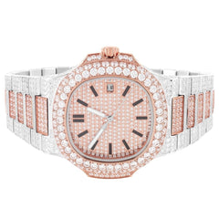 Stainless Steel Two Tone Rose Gold Icy AAA CZ Diamond Fully Iced Automatic Movement Bust Down Mens Custom Watch Hip Hop Men