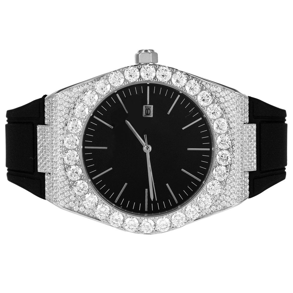 Custom Stainless Steel Case Solitaire Bezel Silicon Band Black Dial White Gold Tone Icy Micro Pave Designer Watch