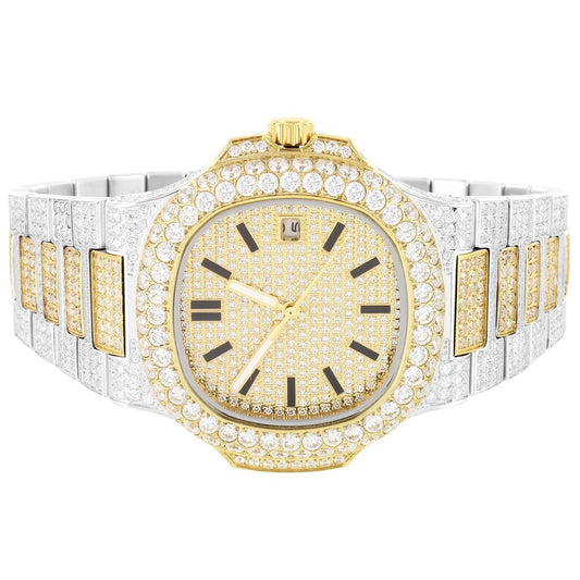 Stainless Steel Mens Iced Out 14K Gold Two Tone Automatic Movement Hip Hop Fully Bust Down Custom AAA CZ diamond Watch Handmade