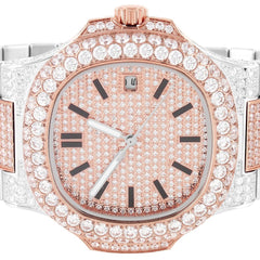 Stainless Steel Two Tone Rose Gold Icy AAA CZ Diamond Fully Iced Automatic Movement Bust Down Mens Custom Watch Hip Hop Men