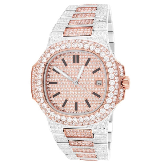 Stainless Steel Two Tone Rose Gold Icy AAA CZ Diamond Fully Iced Automatic Movement Bust Down Mens Custom Watch Hip Hop Men