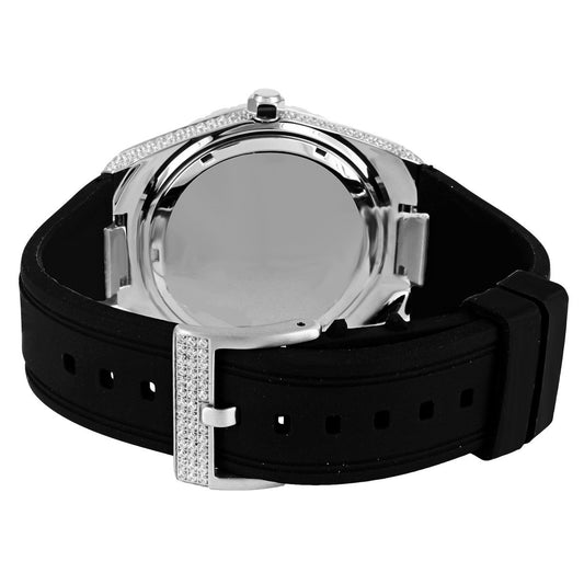 Custom Stainless Steel Case Solitaire Bezel Silicon Band Black Dial White Gold Tone Icy Micro Pave Designer Watch