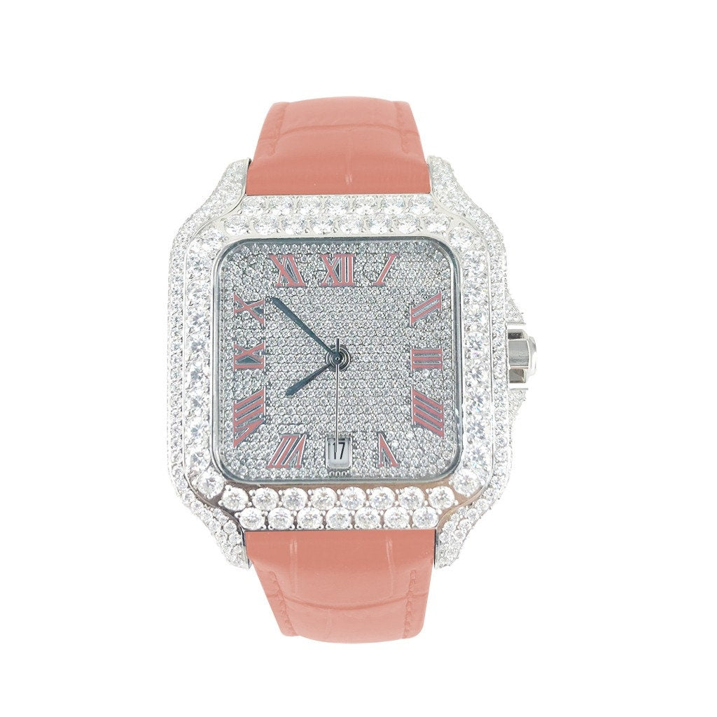 Moissanite Diamond VS  Pink Leather band Icedout 40MM Hip Hop Bling Fully Bust Down Automatic Roman Dial Watch