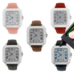 Moissanite Diamond VS  Pink Leather band Icedout 40MM Hip Hop Bling Fully Bust Down Automatic Roman Dial Watch