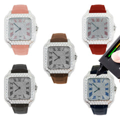 VS Moissanite Diamond Brown Leather Band Automatic Roman Dial Watch Fully Bust Down Hip Hop Bling