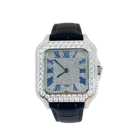 VS Certified Moissanite Diamond Blue Leather Band Watch Fully Bust Down Hip Hop Bling  Automatic Roman Dial Watch