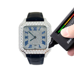 VS Certified Moissanite Diamond Blue Leather Band Watch Fully Bust Down Hip Hop Bling  Automatic Roman Dial Watch