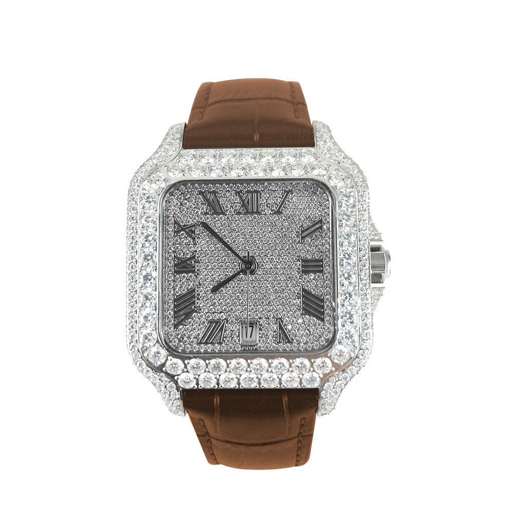 VS Moissanite Diamond Brown Leather Band Automatic Roman Dial Watch Fully Bust Down Hip Hop Bling