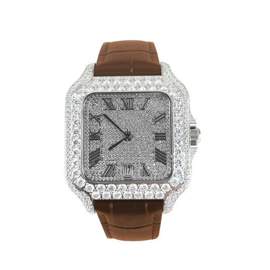 VS Moissanite Diamond Brown Leather Band Automatic Roman Dial Watch Fully Bust Down Hip Hop Bling