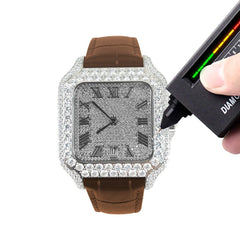 VS Moissanite Diamond Brown Leather Band Automatic Roman Dial Watch Fully Bust Down Hip Hop Bling