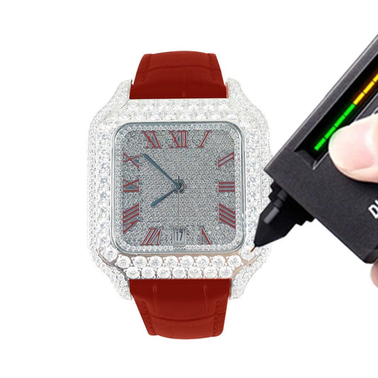 VS Hip Hop Moissanite Diamond Red Leather Band Automatic Roman Dial Rapper Buss Down Watch