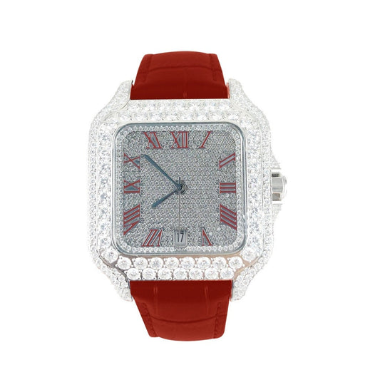 VS Hip Hop Moissanite Diamond Red Leather Band Automatic Roman Dial Rapper Buss Down Watch