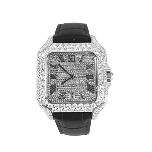 VS Moissanite Diamond Automatic Black Leather Band Buss Down Watch GRA Certified