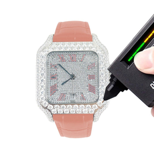 Moissanite Diamond VS  Pink Leather band Icedout 40MM Hip Hop Bling Fully Bust Down Automatic Roman Dial Watch